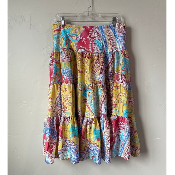 Lauren Ralph Lauren Multicolor Paisley Print Silk Midi A-Line Pull On Skirt - Picture 1 of 4